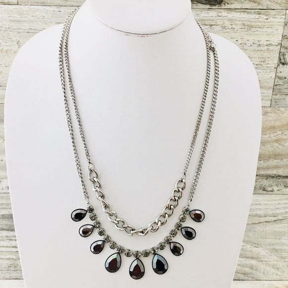 Chico’s Rhinestones Faceted Smokey gray Hametite Cabochon dangle Necklace 1017 - Picture 2 of 4